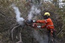 A wildland firefighter chain saws a smoldering