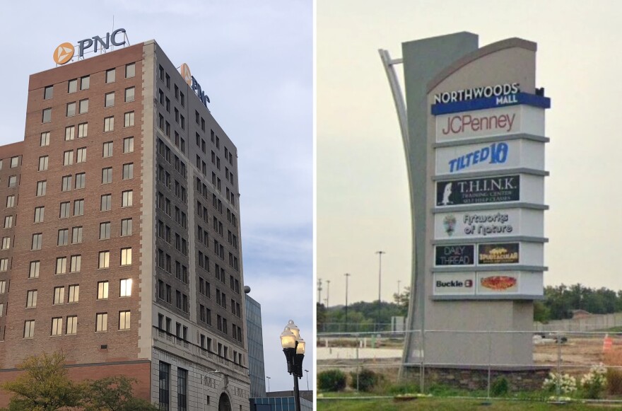 A split image shows the exterior of the PNC Bank Building in downtown Peoria on the left and a sign for Northwoods Mall on the right. 