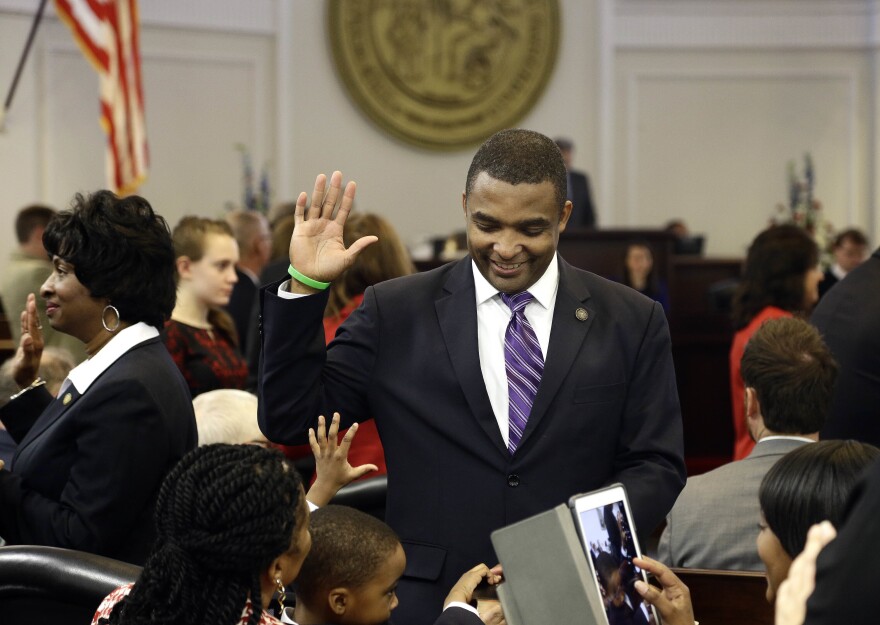 State Sen. Don Davis, D-Greene, takes the oath of office in the Senate chamber as lawmakers gather for the start of the 2017 Legislative session at the North Carolina General Assembly in Raleigh, N.C., Jan. 11, 2017. U.S. Rep. G.K. Butterfield has endorsed state Sen. Davis to become his successor in North Carolina's 1st Congressional District. The retiring congressman gave Davis on Monday, April 25, 2022 his seal of approval as the May 17 Democratic primary approaches. Three other Democrats are running for the nomination, including former state Sen. Erica Smith. (AP Photo/Gerry Broome)