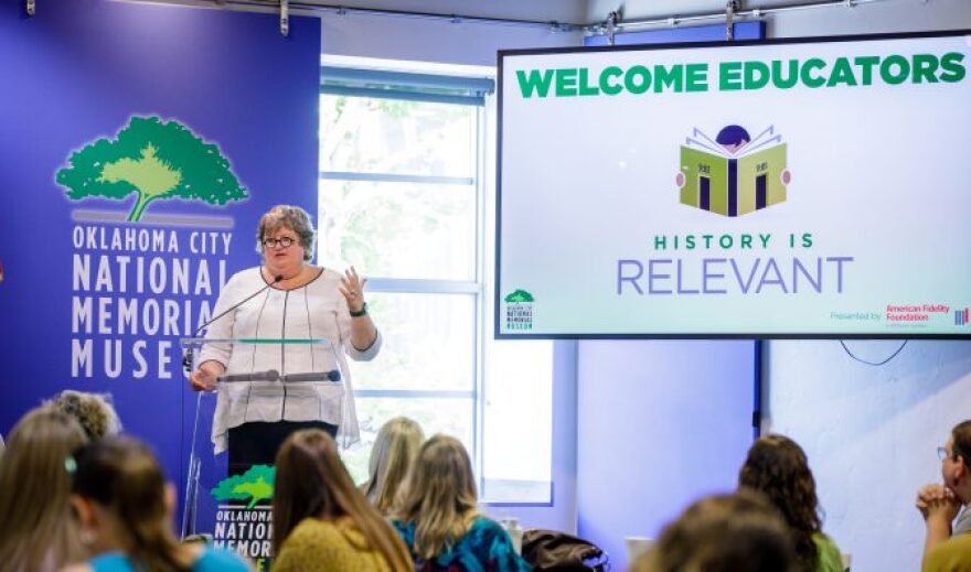 Kari Watkins, Executive Director, Oklahoma City National Memorial & Museum, welcomes teachers to a workshop around having crucial conversations in the classroom.