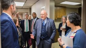 CDC director Robert Redfield touring the Infectious Diseases Institute at the University of Oklahoma Health Sciences Center in Oklahoma City. The institute is one of two federally funded HIV clinics in Oklahoma; the other is in Tulsa, the state’s second-l