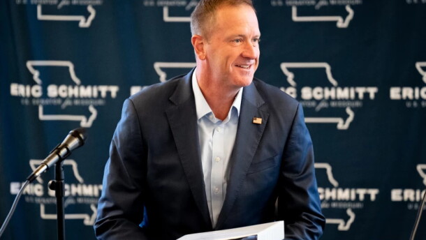 U.S. Sen. Eric Schmitt, R-Missouri, speaking in front of a podium