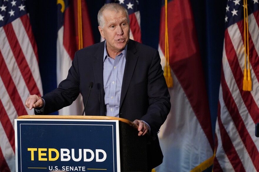 Sen. Thom Tillis (R-NC) speaks to the crowd at Rep. Ted Budd's election night watch party in Winston-Salem, N.C., Tuesday, Nov. 8, 2022.