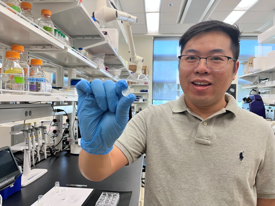 Inside a laboratory, a man with glasses wearing a beige collar shirt and a blue medical glove holds up a tiny circular object.