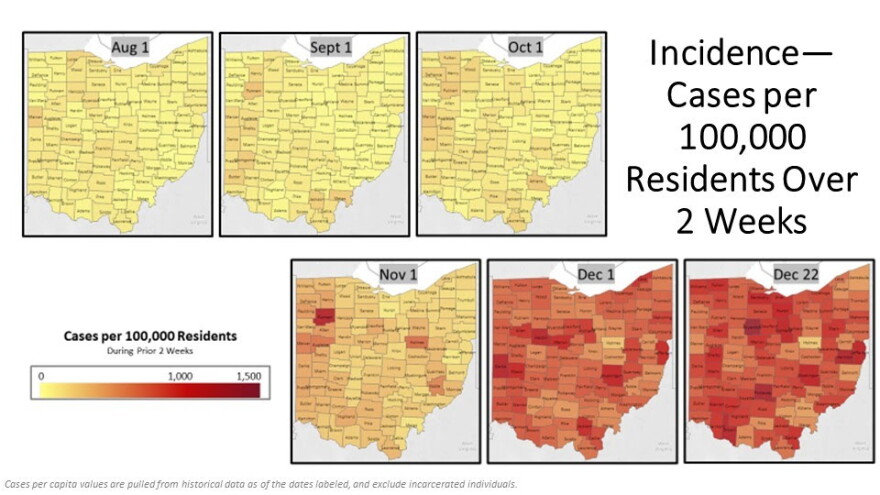 The first map from Ohio Department of Health showing case numbers per 100,000 residents over two weeks