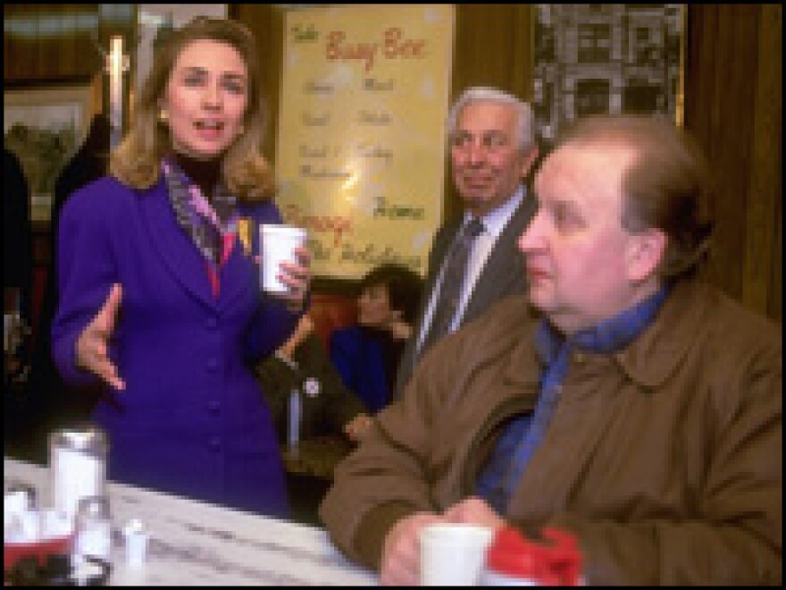 Hillary Clinton talks with voters about husband Bill Clinton's presidential run at Chicago's Busy Bee Diner in March 1992. Mrs. Clinton had many years of experience campaigning for her husband before she became a candidate.