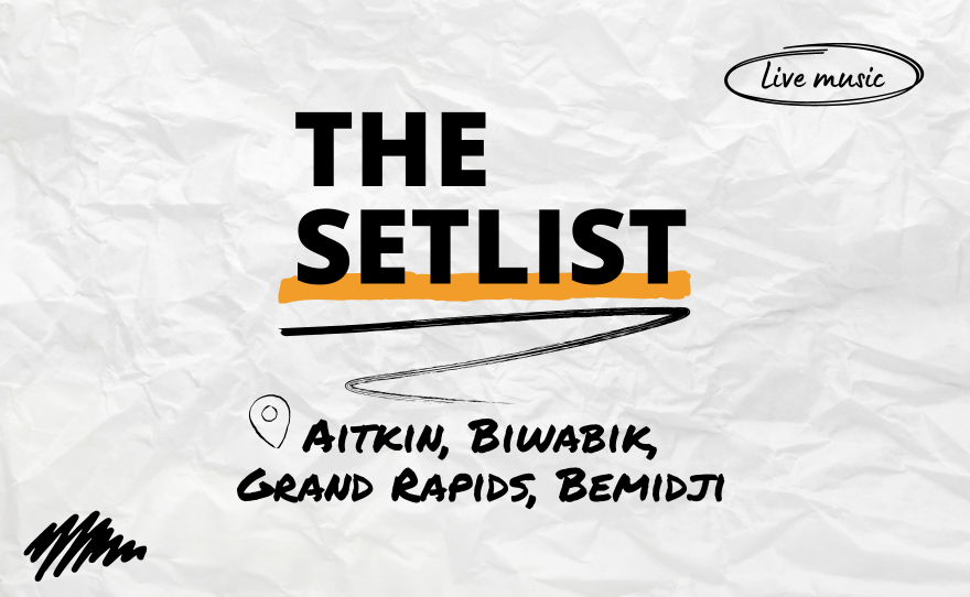"The Setlist" and "Aitkin, Biwabik, Grand Rapids, Bemidji" written over a crumpled paper background.