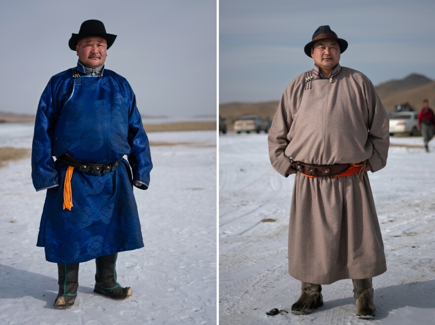 Left: Burenbat Dorj, 44, plays a dozen times every winter. He is the governor of Erdenebulgan Soum, the local community hosting the competition. Right: Gurvantamir Jamts, 47, is new to the game and proud of its local roots in Arkhangai province. He is the mayor of Arkhangai's capital, Tsetserleg.