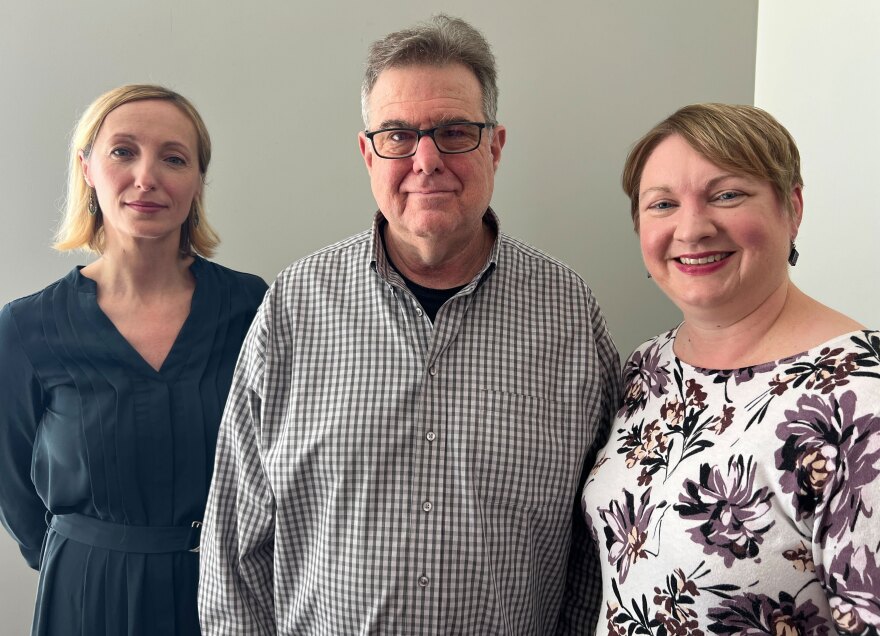 Director of the Center for Bosnian Studies Adna Karamahic-Oates (left), founder of the Bosnian Memory Project Ben Moore and St. Louis University’s dean of libraries and museums Jennifer Nutefall.