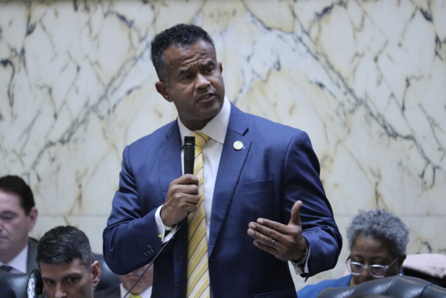 Del. C.T. Wilson, a Democrat who chairs the House Economic Matters Committee, speaks in support of legislation that creates a framework for legal recreational marijuana in the state, moments before the House of Delegates voted 103-32 for the bill on Friday, March 10, 2023 in Annapolis, Md. (AP Photo/Brian Witte)