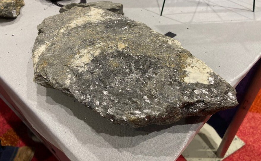 Galena, a lead ore, glitters in a large sample unearthed in a Shoshone County, Idaho, mine.