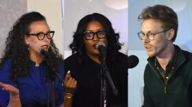 Kate Curry-Da-Souza (left), Tiara Ross (center) and Jesse Vogel (right) talk at a candidate forum for Columbus City Council District 7 on February 27, 2025 at New Birth Christian Ministries.