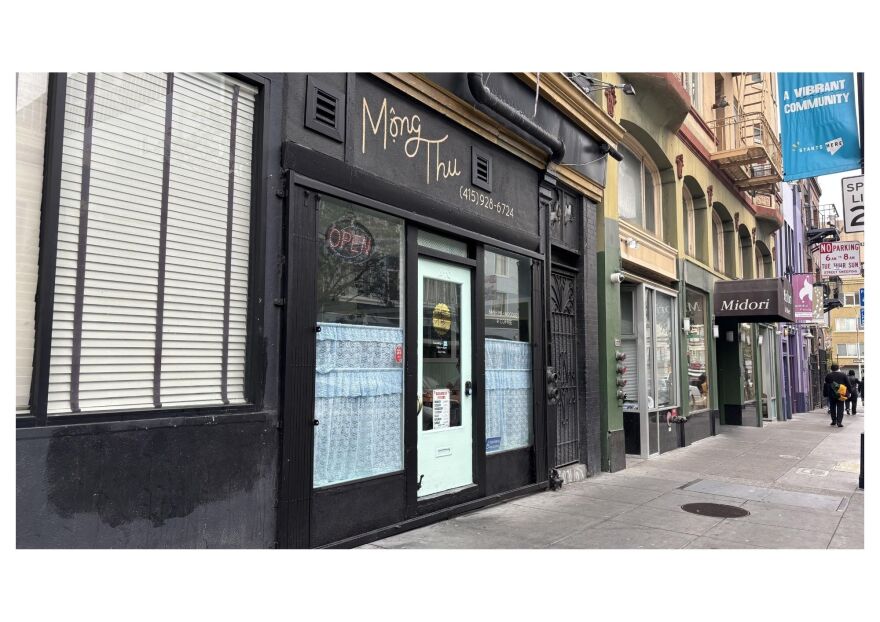 Outside Mộng Thu Café in the Tenderloin District.