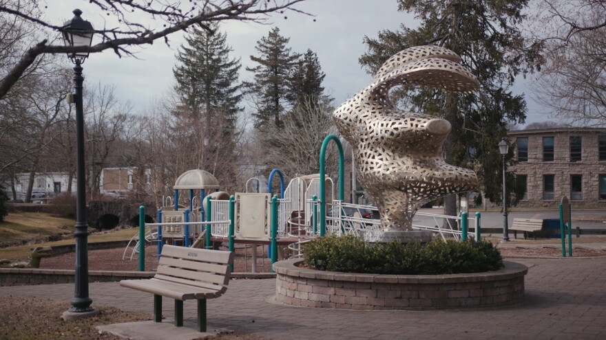 An almost 10-foot-tall rabbit adorns the playground on Peacedale’s village green.