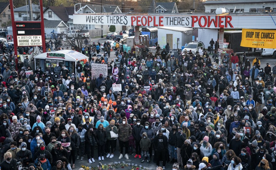Demonstrators gather outside Cup Foods in April to celebrate the murder conviction of former Minneapolis police officer Derek Chauvin in the killing of George Floyd in Minneapolis.