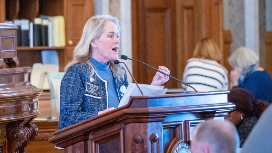 Rep. Mari-Lynn Poskin questioned Rep. Rick James about potential legal problems with his bill, until James refused to answer any more questions. Poskin is seen here during a Jan. 28, 2026, House session.