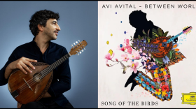 Avi Avital and the cover of his 2025 album, Song of the Birds.