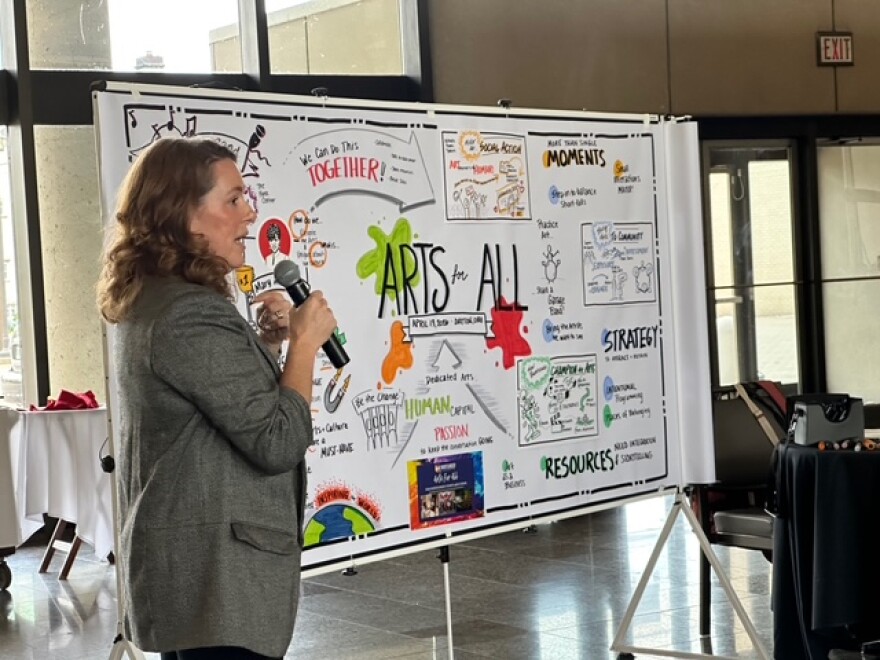 A woman holding a microphone stands in front of a large white board that says "Arts for All" in the middle.
