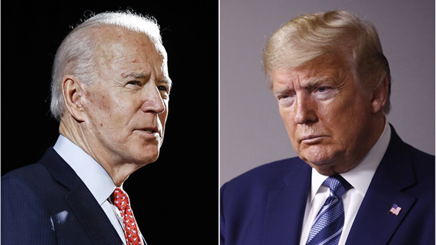 FILE - In this combination of file photos, former Vice President Joe Biden speaks in Wilmington, Del., on March 12, 2020, left, and President Donald Trump speaks at the White House in Washington on April 5, 2020. The November presidential election is six months away.