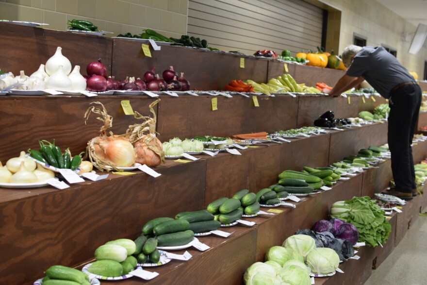 A 4-H vegetable display is prepared for the 2026 Indiana State Fair at the Indiana State Fairgrounds in Indianapolis on Thursday, Aug. 6, 2026.