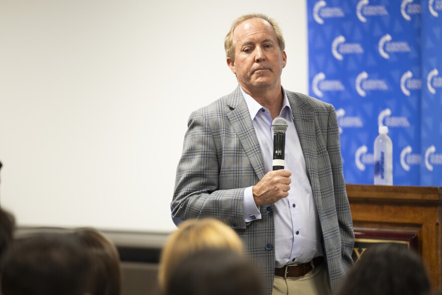 Texas Attorney General Ken Paxton speaks at an event held by Texas State University's chapter of Turning Point USA in November of 2025.