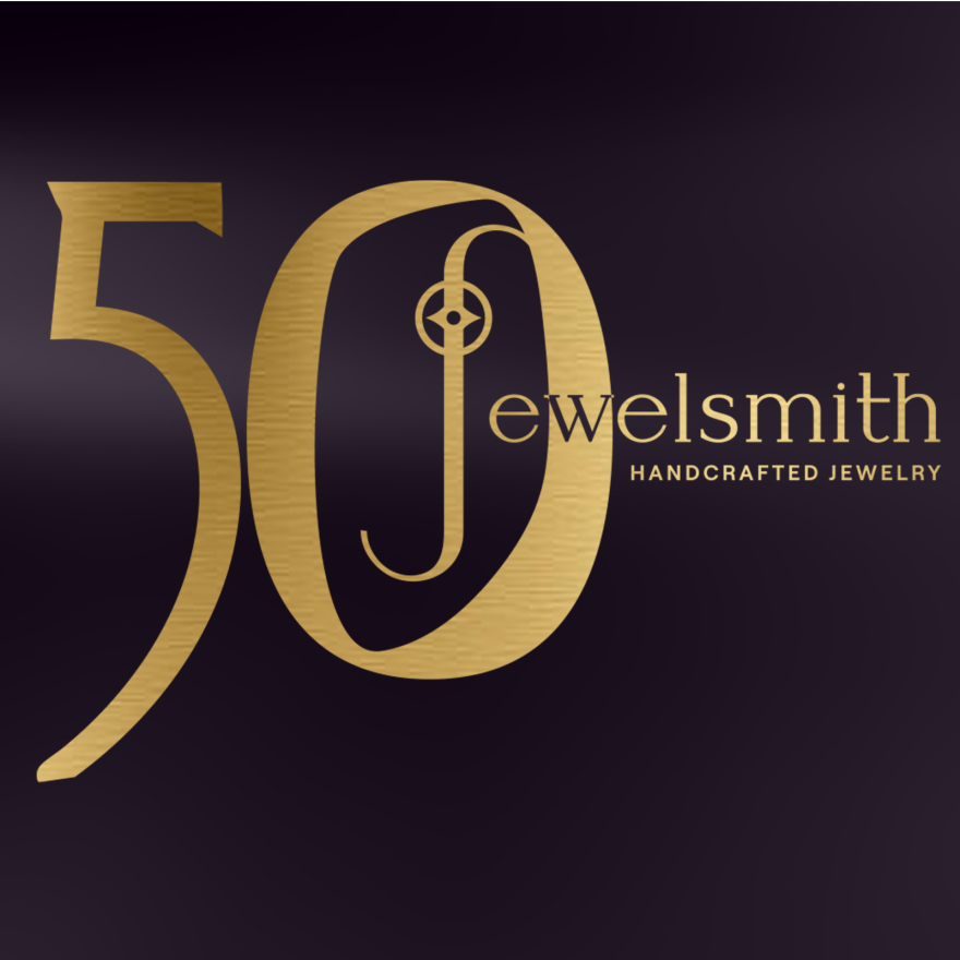 Gold text on a purple background that reads "50 Jewelsmith Handcrafted Jewelry"