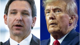 This combination of photos shows Florida Gov. Ron DeSantis speaking on April 21, 2023, in Oxon Hill, Md., left, and former President Donald Trump speaking on March 4, 2023, at National Harbor in Oxon Hill, Md. Trump and DeSantis are set to hold dueling campaign events in New Hampshire on June 27. (AP Photo/Alex Brandon)