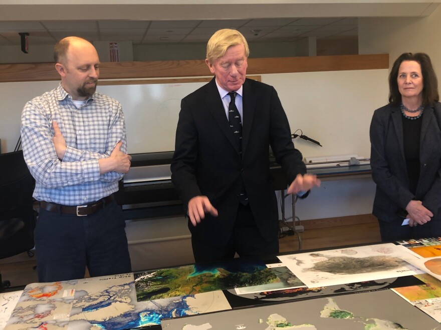 Bill Weld--former Massachusetts Governor and 2020 GOP challenger to President Trump--met with scientists at the Woods Hole Research Center on Monday. Also pictured: Gregory J. Fiske, senior geospatial analyst; Leslie Marshall,  journalist and Weld's wife.