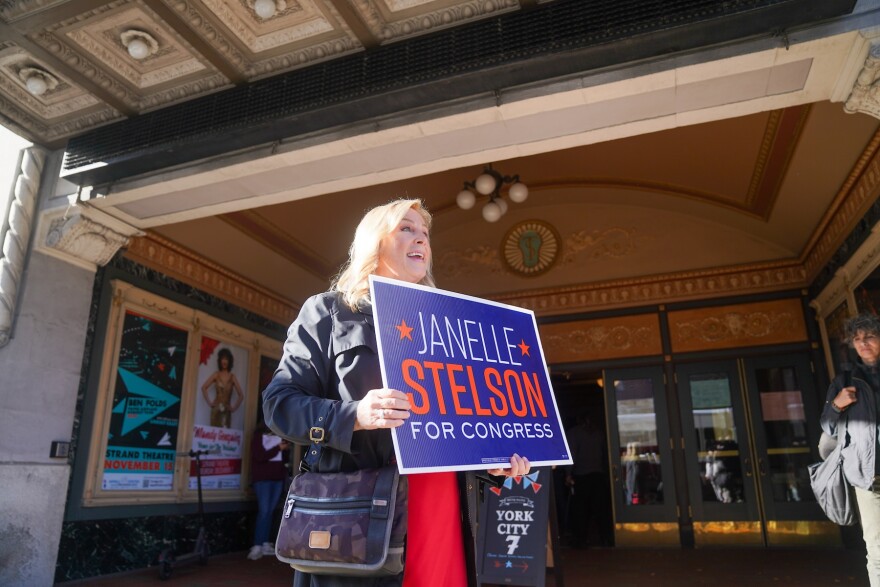 Democratic candidate Janelle Stelson greets voters in York Nov. 5, 2024.