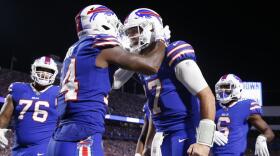 Buffalo Bills' Stefon Diggs, second from left, celebrates with quarterback Josh Allen, second from right, after they connected for a touchdown during the second half of an NFL football game against the Tennessee Titans Sept. 19, 2022, in Orchard Park.