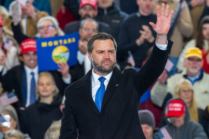 Vice President JD Vance says goodbye to the crowd at his rally in support of Montana's Republican congressional candidates ahead of the midterm elections in an airport hangar in Belgrade, Mont., on October 26, 2026.