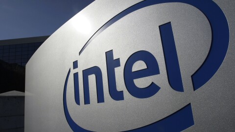 The Intel logo is displayed on the exterior of Intel headquarters in Santa Clara, Calif.