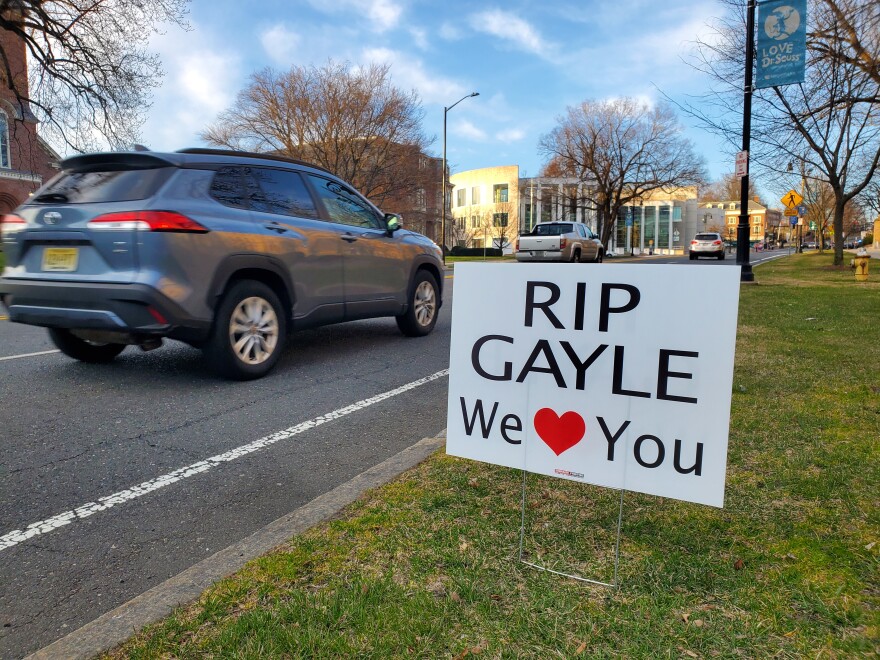 A sign on State Street in Springfield in honor of Gayle Ball, a librarian who was killed when crossing the street in 2021. 