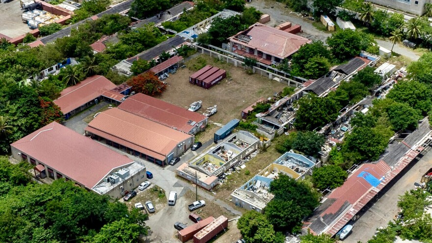 Pictured: Aerial view of the former Addelita Cancryn Junior High School on St. Thomas, where demolition is underway as part of the first phase of the Charlotte Amalie Harbor dredging project. Once cleared, the site will be used to store and transport dredged material from the harbor redevelopment.