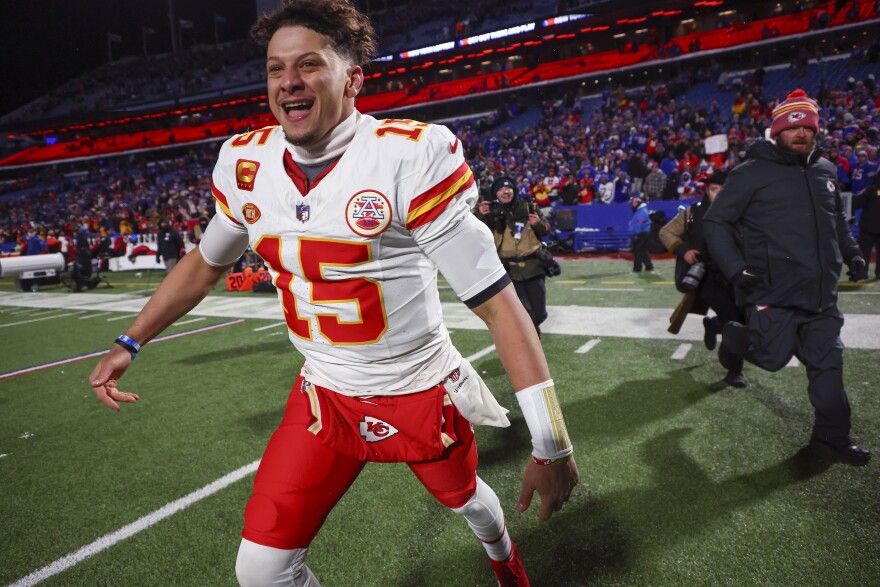 Chiefs quarterback Patrick Mahomes reacts after beating the Buffalo Bills in the AFC division playoff game Jan. 21 in Orchard Park, New York. The Chiefs will head to their sixth-straight AFC championship.