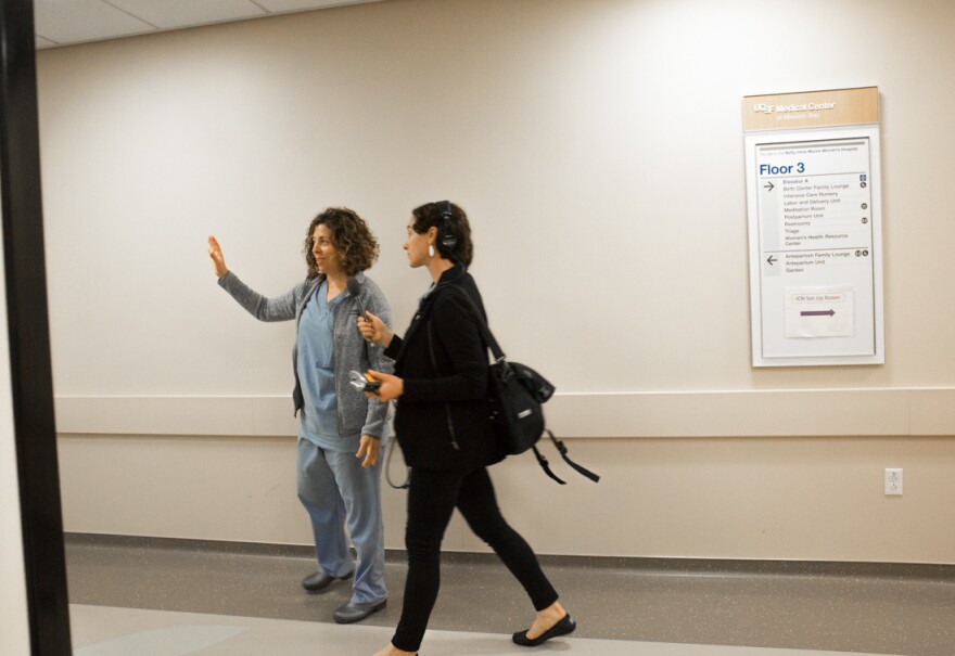 KQED's Lesley McClurg tours labor and delivery at UCSF Benioff Children's Hospital with Vanessa Tilp, a certified nurse-midwife.