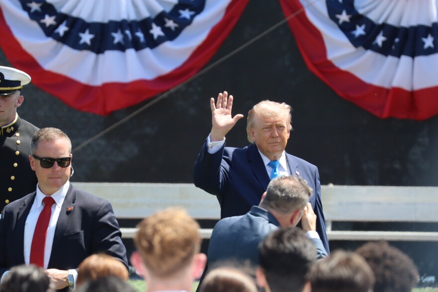 President Donald Trump delivers a commencement address at the U.S. Coast Guard Academy in New London.