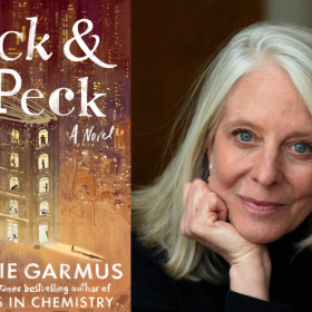 The cover of "Peck & Peck" beside author Bonnie Garmus. (Courtesy of Bonnie Garmus)