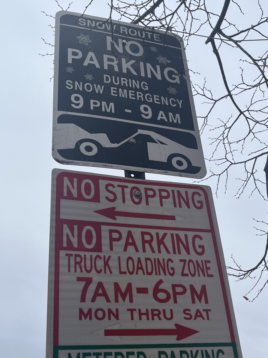 A no parking sign due to snow in Federal Hill. 