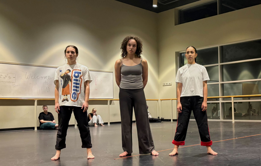 From left to right: Sami Holzman, Kora Besteman and Uribe during rehearsal for Burley’s dance piece. The dancers were receiving feedback after performing their trio.