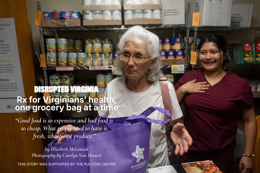Medical assistant Michelle Rojo guides Judith, a patient with diabetes, around the Free Clinic of Culpeper’s food pharmacy on Aug. 26. It’s one of 99 food pharmacies across Virginia. The idea behind the relatively new concept is to help low-income patients follow through on specific advice they receive during their regular checkups by making healthy diet choices. Clients also have access to a local gym.