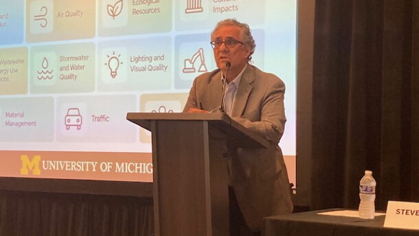 U of M Professor of Engineering Steven Ceccio, project lead for U of M's planned research computing center in Ypsilanti Townhip, explains details of the center at a second town hall at the Ann Arbor Marriott Ypsilanti at Eagle Crest on Thursday, October 1, 2026