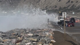 Surf crashing onto a section of the Pacific Coast Highway just northwest of Sycamore Cove Beach in Ventura County.