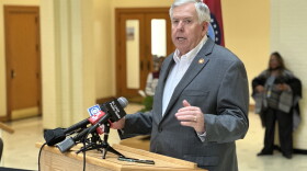  Missouri Gov. Mike Parson speaks during a stop on March 2, 2023, in downtown St. Louis to ceremonially sign legislation raising pay for state employees.