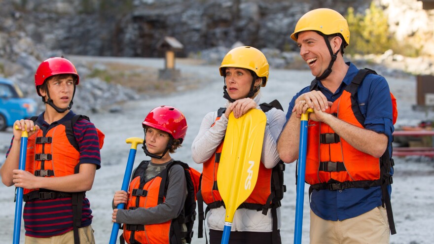 Skyler Gisondo (from left), Steele Stebbins, Christina Applegate and Ed Helms are the new Griswold family — en route to Walley World — in the 2015 follow-up to the 1983 movie <em>Vacation.</em>