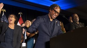 U.S. Rep. Wesley Bell, D-St. Louis County, laughs with supporters after defeating former U.S. Rep. Cori Bush in Missouri's Democratic primary during his election night watch party at the Marriott St. Louis Grand on Tuesday, Aug. 4, 2026, in downtown St. Louis.
