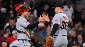 Cleveland Guardians' Cade Smith (36) is congratulated by Patrick Bailey after clinching a post season playoff spot following a baseball game against the Boston Red Sox, Thursday, Sept. 24, 2026, in Boston. 