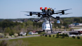 A drone carries a package from Riverside Shore Memorial Hospital in Onancock. (Image courtesy of Riverside Health)