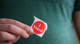 A voter in Minnesota holds their "I Voted" sticker. (Stephen Maturen/Getty Images)