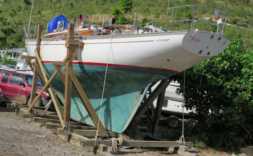 Thatcher Lord built the wooden cradle he used to haul his 41-foot sailboat out of the water after it sank in a protected cove, Hurricane Hole.